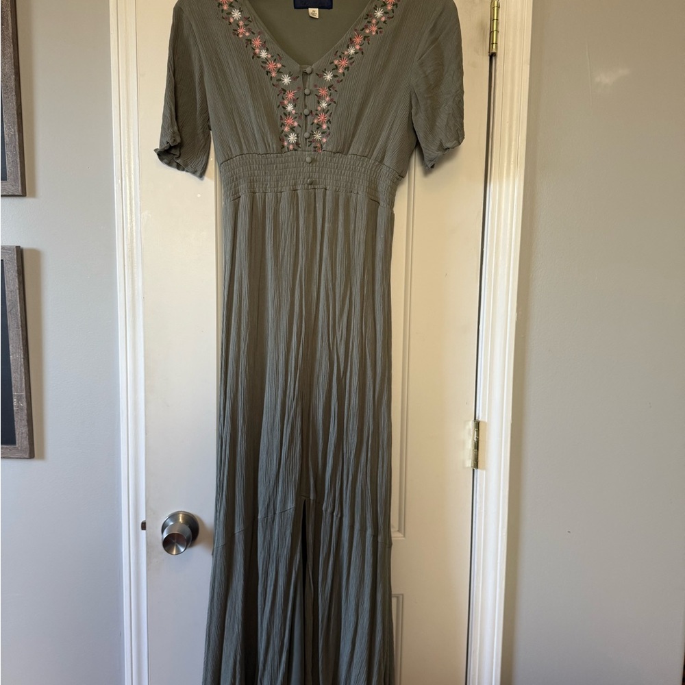 Blue Rain Sage Maxi Dress with Floral Accents